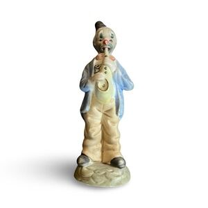 Bisque Porcelain Clown Figure in Blue Jacket with Saxophone Hand Painted 7"